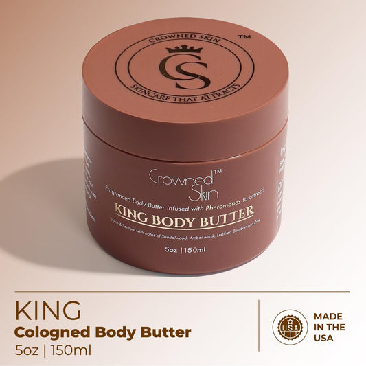 Crowned Skin King Cologned Body Butter | Warm and Sensual Scent | Blended with Sandalwood & Leather | Infused with Organic Shea & Mango Butters | Moisturizing Formula with All-Day Fragrance | 5oz