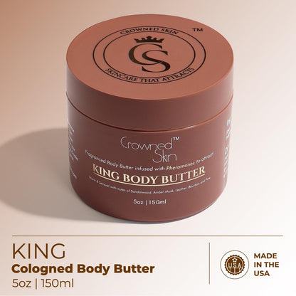Crowned Skin King Cologned Body Butter | Warm and Sensual Scent | Blended with Sandalwood & Leather | Infused with Organic Shea & Mango Butters | Moisturizing Formula with All-Day Fragrance | 5oz