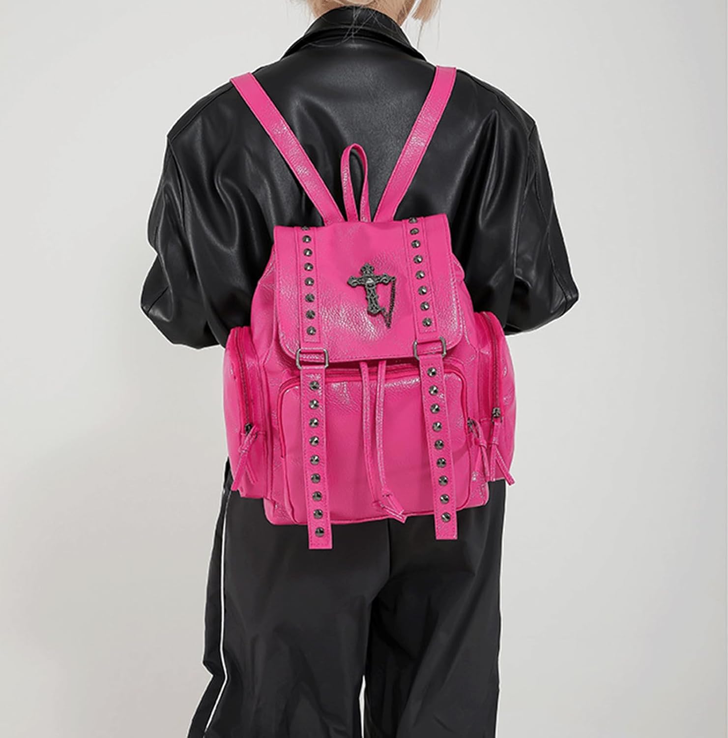 Studded Backpack Cross Metal Studs Y2k Purse Punk Backpack for Women 2000s Goth Edgy Daypack Gothic Daily Party Club(Black)