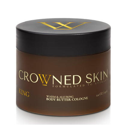 Crowned Skin King Cologned Body Butter | Warm and Sensual Scent | Blended with Sandalwood & Leather | Infused with Organic Shea & Mango Butters | Moisturizing Formula with All-Day Fragrance | 5oz