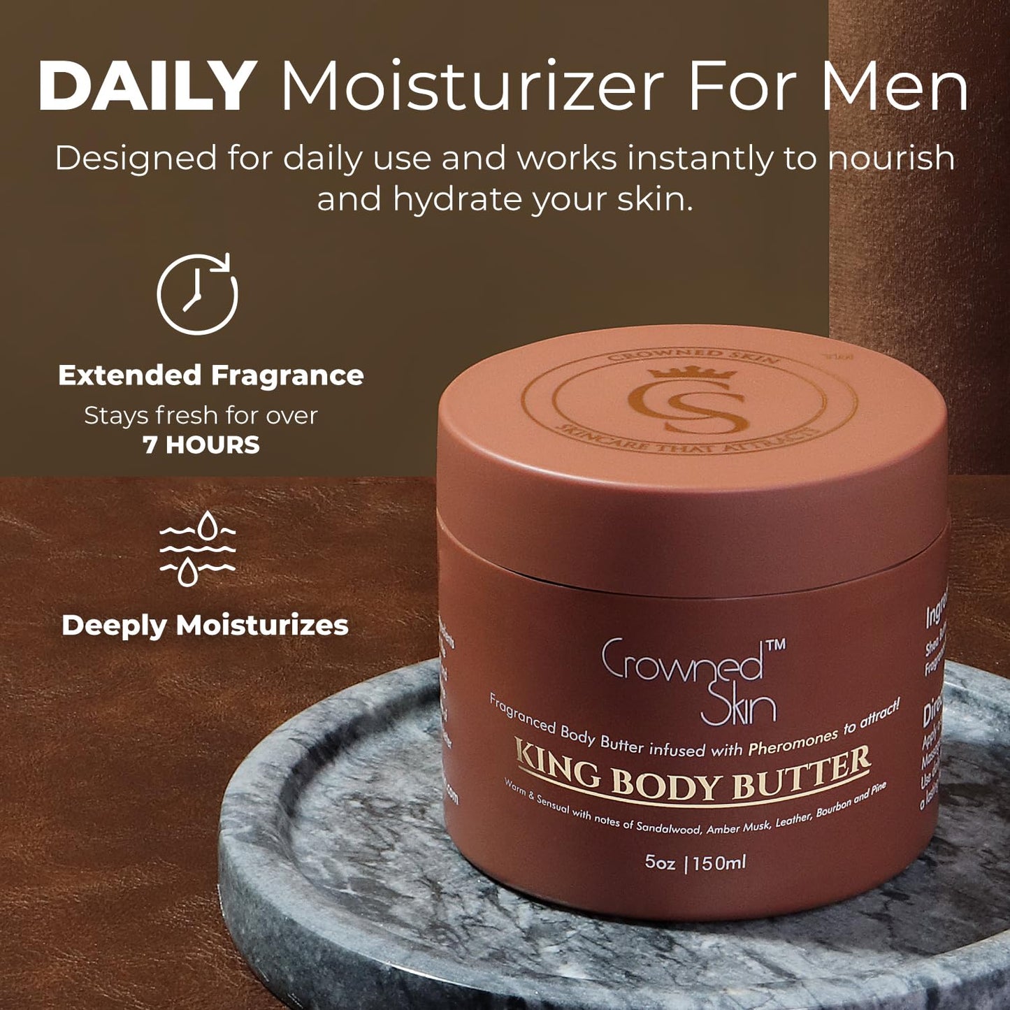 Crowned Skin King Cologned Body Butter | Warm and Sensual Scent | Blended with Sandalwood & Leather | Infused with Organic Shea & Mango Butters | Moisturizing Formula with All-Day Fragrance | 5oz