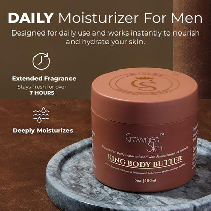 Crowned Skin King Cologned Body Butter | Warm and Sensual Scent | Blended with Sandalwood & Leather | Infused with Organic Shea & Mango Butters | Moisturizing Formula with All-Day Fragrance | 5oz