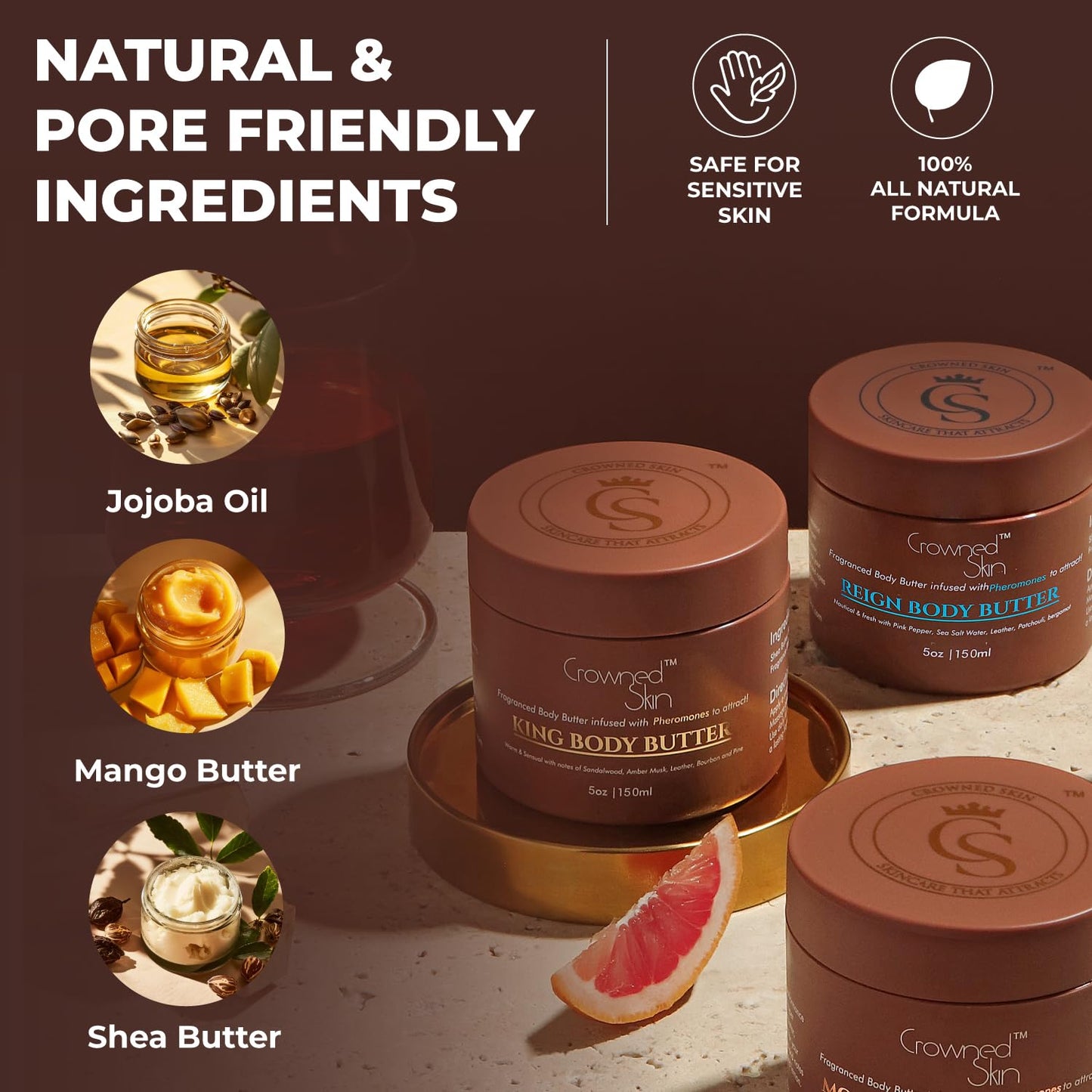 Crowned Skin King Cologned Body Butter | Warm and Sensual Scent | Blended with Sandalwood & Leather | Infused with Organic Shea & Mango Butters | Moisturizing Formula with All-Day Fragrance | 5oz