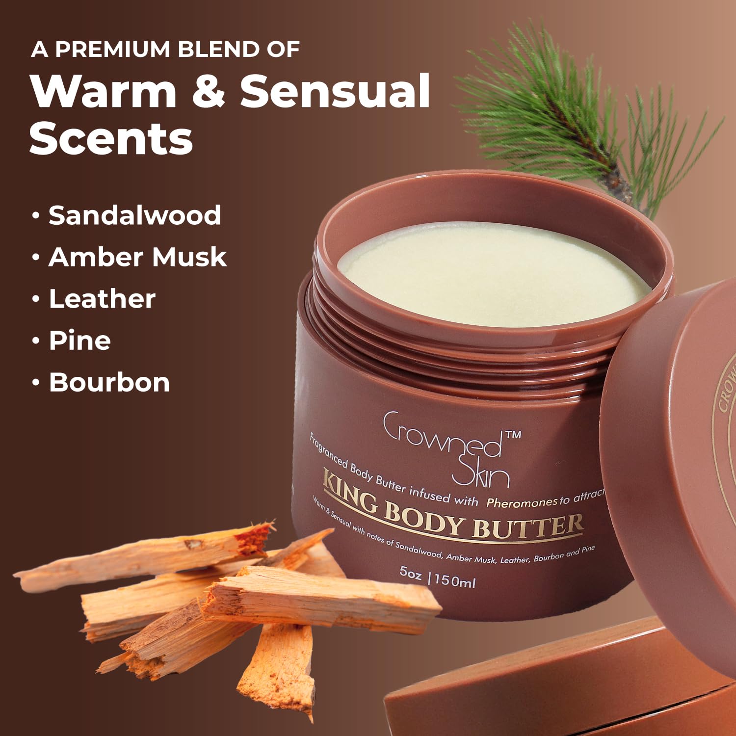 Crowned Skin King Cologned Body Butter | Warm and Sensual Scent | Blended with Sandalwood & Leather | Infused with Organic Shea & Mango Butters | Moisturizing Formula with All-Day Fragrance | 5oz