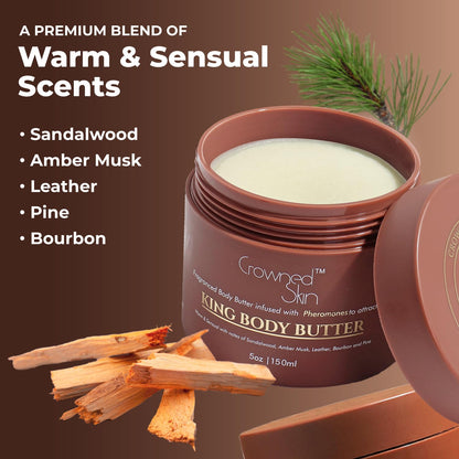 Crowned Skin King Cologned Body Butter | Warm and Sensual Scent | Blended with Sandalwood & Leather | Infused with Organic Shea & Mango Butters | Moisturizing Formula with All-Day Fragrance | 5oz